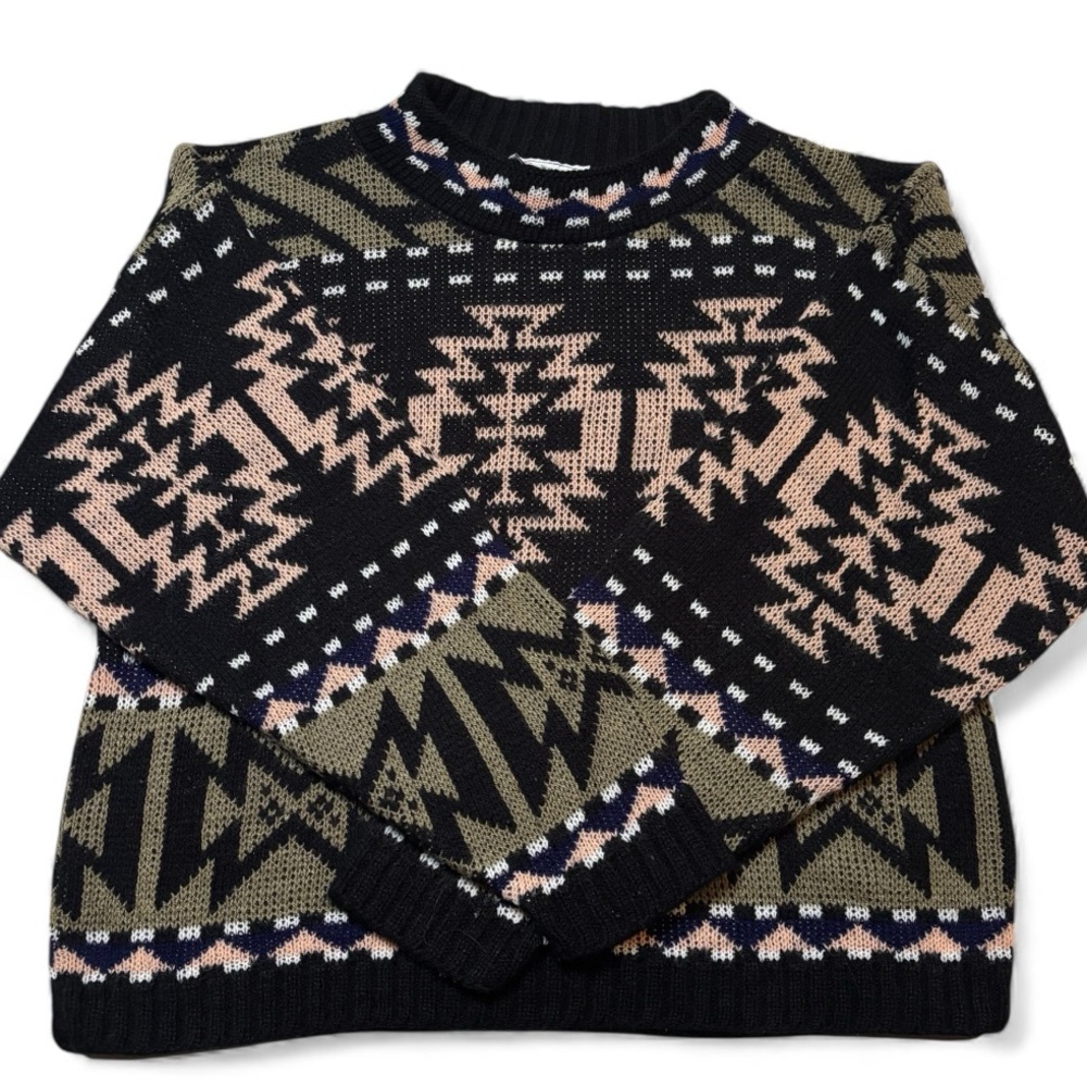 Vintage Helium USA Acrylic Aztec Geometric Knit Sweater Black Olive Pink XS-S